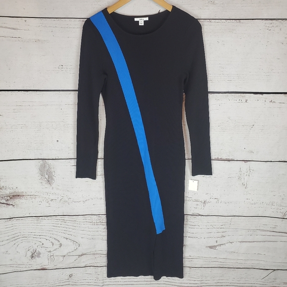 Black Sweater Dress Slit Fitted Long Sleeve Crew - Picture 4 of 8
